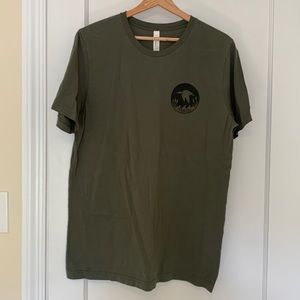 Olive green T-shirt with logo.